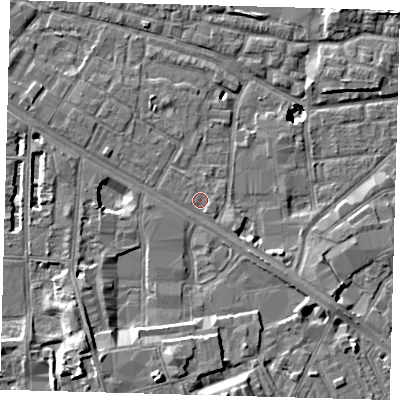 Shaded relief map of the ground around SE15ES, computed from Environment Agency LiDAR. The ground here sits at about 2 m above sea level and falls 11 m across the surrounding 800 m. Surface water reaching this point runs off ground lying to the east-south-east, 0.6 m higher.