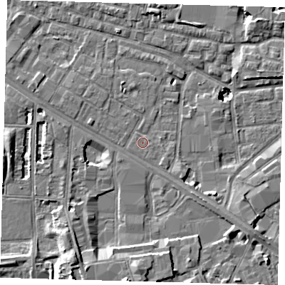 Shaded relief map of the ground around SE15ET, computed from Environment Agency LiDAR. The ground here sits at about 2 m above sea level and falls 11 m across the surrounding 800 m. The ground contributing surface water to this point lies to the east-south-east.