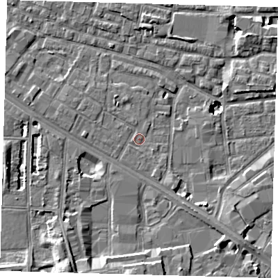 Shaded relief map of the ground around SE15EU, computed from Environment Agency LiDAR. The ground here sits at about 2 m above sea level and falls 11 m across the surrounding 800 m. Surface water reaching this point runs off ground lying to the south-south-west, 6.4 m higher.