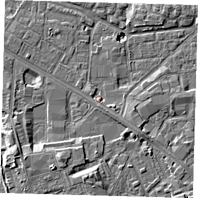 Shaded relief map of the ground around SE15EW, computed from Environment Agency LiDAR. The ground here sits at about 2 m above sea level and falls 11 m across the surrounding 800 m. Surface water reaching this point runs off ground lying to the east-south-east, 4.1 m higher.