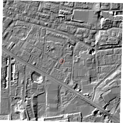 Shaded relief map of the ground around SE15EX, computed from Environment Agency LiDAR. The ground here sits at about 2 m above sea level and falls 10 m across the surrounding 800 m. Surface water reaching this point runs off ground lying to the south-south-west, 6.2 m higher.