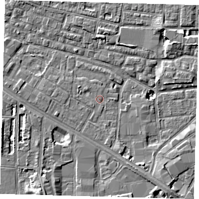 Shaded relief map of the ground around SE15EY, computed from Environment Agency LiDAR. The ground here sits at about 2 m above sea level and falls 10 m across the surrounding 800 m. Surface water reaching this point runs off ground lying to the south-south-east, 3.8 m higher.