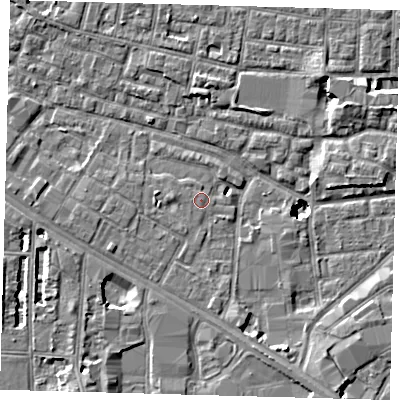 Shaded relief map of the ground around SE15EZ, computed from Environment Agency LiDAR. The ground here sits at about 2 m above sea level and falls 8 m across the surrounding 800 m. Surface water reaching this point runs off ground lying to the west, 1.1 m higher.
