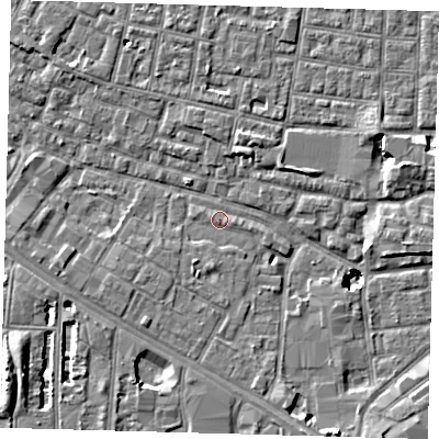 Shaded relief map of the ground around SE15HA, computed from Environment Agency LiDAR. The ground here sits at about 2 m above sea level and falls 9 m across the surrounding 800 m. Surface water reaching this point runs off ground lying to the south, 1.1 m higher.