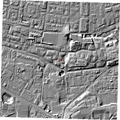 Shaded relief map of the ground around SE15HE, computed from Environment Agency LiDAR. The ground here sits at about 2 m above sea level and falls 8 m across the surrounding 800 m. Surface water reaching this point runs off ground lying to the south-west, 1.2 m higher.