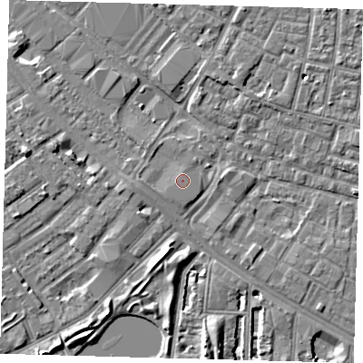 Shaded relief map of the ground around SE15HG, computed from Environment Agency LiDAR. The ground here sits at about 3 m above sea level and falls 7 m across the surrounding 800 m. The ground contributing surface water to this point lies to the south-east.