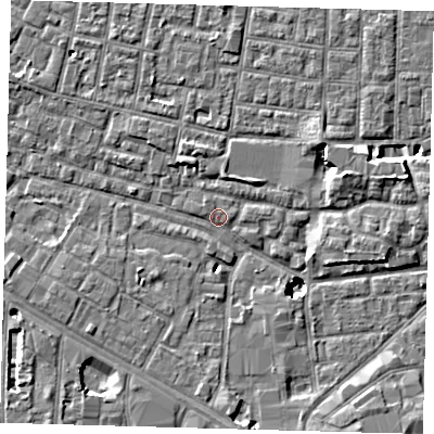 Shaded relief map of the ground around SE15HH, computed from Environment Agency LiDAR. The ground here sits at about 2 m above sea level and falls 8 m across the surrounding 800 m. Surface water reaching this point runs off ground lying to the north-east, 4.8 m higher.
