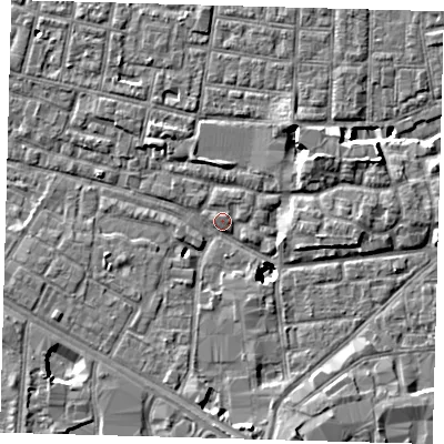 Shaded relief map of the ground around SE15HJ, computed from Environment Agency LiDAR. The ground here sits at about 2 m above sea level and falls 8 m across the surrounding 800 m. Surface water reaching this point runs off ground lying to the north-east, 4.8 m higher.