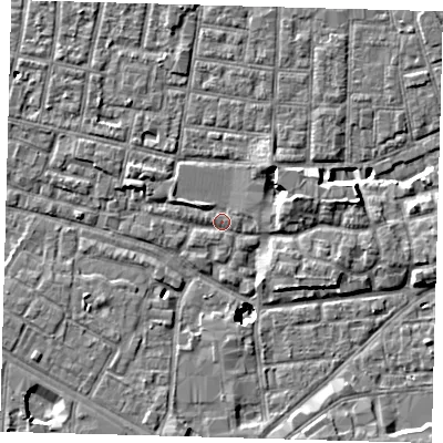 Shaded relief map of the ground around SE15HL, computed from Environment Agency LiDAR. The ground here sits at about 2 m above sea level and falls 8 m across the surrounding 800 m. Surface water reaching this point runs off ground lying to the west-north-west, 0.7 m higher.