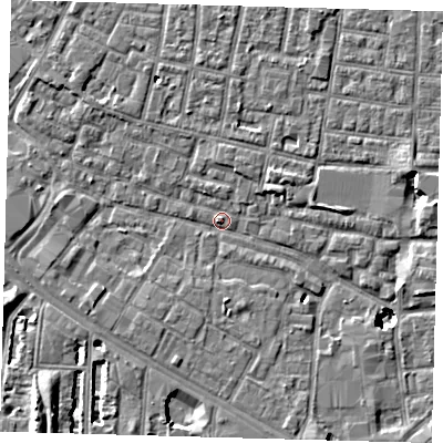 Shaded relief map of the ground around SE15HN, computed from Environment Agency LiDAR. The ground here sits at about 2 m above sea level and falls 9 m across the surrounding 800 m. Surface water reaching this point runs off ground lying to the north-west, 2.3 m higher.