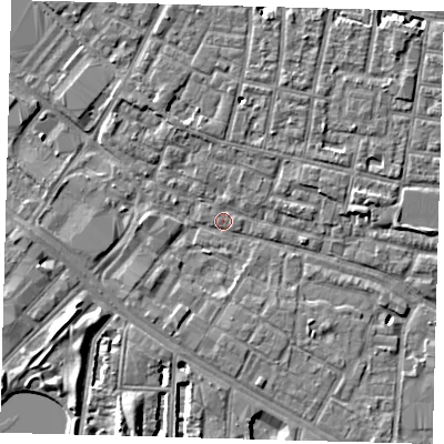 Shaded relief map of the ground around SE15HP, computed from Environment Agency LiDAR. The ground here sits at about 2 m above sea level and falls 6 m across the surrounding 800 m. Surface water reaching this point runs off ground lying to the west, 2.6 m higher.