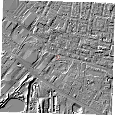 Shaded relief map of the ground around SE15HQ, computed from Environment Agency LiDAR. The ground here sits at about 1 m above sea level and falls 7 m across the surrounding 800 m. Surface water reaching this point runs off ground lying to the west, 2.6 m higher.