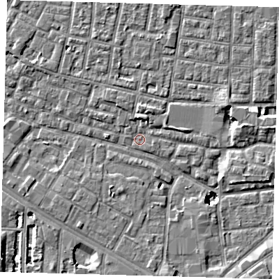 Shaded relief map of the ground around SE15HR, computed from Environment Agency LiDAR. The ground here sits at about 2 m above sea level and falls 8 m across the surrounding 800 m. Surface water reaching this point runs off ground lying to the east-north-east, 2.6 m higher.