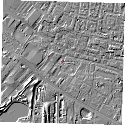 Shaded relief map of the ground around SE15HS, computed from Environment Agency LiDAR. The ground here sits at about 1 m above sea level and falls 7 m across the surrounding 800 m. Surface water reaching this point runs off ground lying to the south, 2.1 m higher.