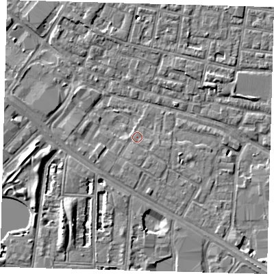 Shaded relief map of the ground around SE15HW, computed from Environment Agency LiDAR. The ground here sits at about 2 m above sea level and falls 7 m across the surrounding 800 m. Surface water reaching this point runs off ground lying to the south-south-west, 1.0 m higher.