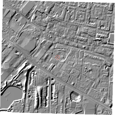 Shaded relief map of the ground around SE15HX, computed from Environment Agency LiDAR. The ground here sits at about 1 m above sea level and falls 7 m across the surrounding 800 m. Surface water reaching this point runs off ground lying to the south-south-west, 2.0 m higher.