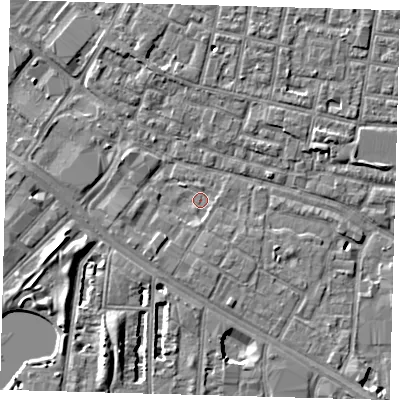 Shaded relief map of the ground around SE15HY, computed from Environment Agency LiDAR. The ground here sits at about 2 m above sea level and falls 7 m across the surrounding 800 m. Surface water reaching this point runs off ground lying to the south-west, 2.0 m higher.