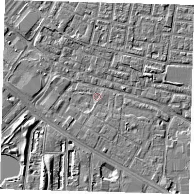 Shaded relief map of the ground around SE15HZ, computed from Environment Agency LiDAR. The ground here sits at about 2 m above sea level and falls 7 m across the surrounding 800 m. Surface water reaching this point runs off ground lying to the south-west, 2.0 m higher.