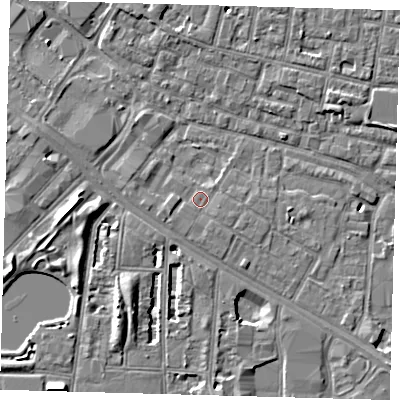 Shaded relief map of the ground around SE15JB, computed from Environment Agency LiDAR. The ground here sits at about 2 m above sea level and falls 7 m across the surrounding 800 m. Surface water reaching this point runs off ground lying to the west-south-west, 1.1 m higher.