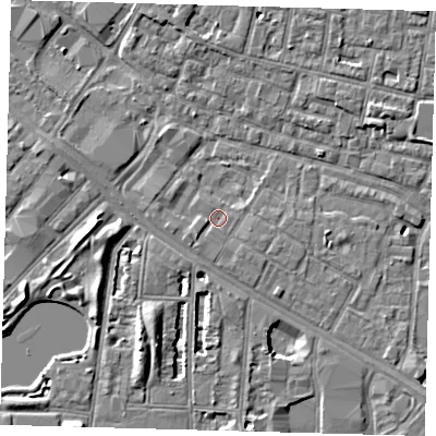 Shaded relief map of the ground around SE15JD, computed from Environment Agency LiDAR. The ground here sits at about 2 m above sea level and falls 7 m across the surrounding 800 m. Surface water reaching this point runs off ground lying to the south-west, 1.2 m higher.