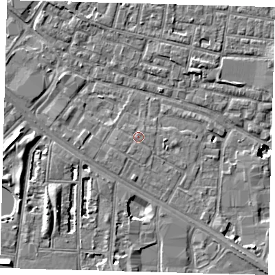 Shaded relief map of the ground around SE15JF, computed from Environment Agency LiDAR. The ground here sits at about 3 m above sea level and falls 9 m across the surrounding 800 m. Surface water reaching this point runs off ground lying to the south-south-west, 0.7 m higher.
