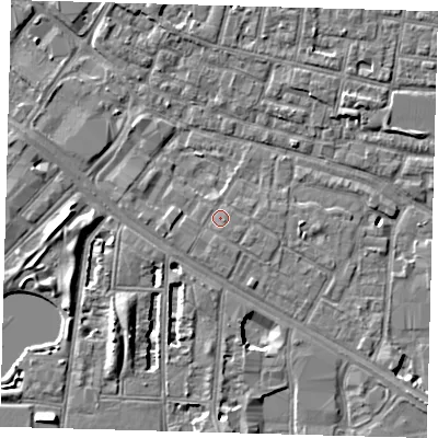 Shaded relief map of the ground around SE15JG, computed from Environment Agency LiDAR. The ground here sits at about 3 m above sea level and falls 7 m across the surrounding 800 m. Surface water reaching this point runs off ground lying to the south, 0.7 m higher.