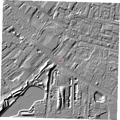 Shaded relief map of the ground around SE15JH, computed from Environment Agency LiDAR. The ground here sits at about 2 m above sea level and falls 7 m across the surrounding 800 m. Surface water reaching this point runs off ground lying to the north-east, 1.0 m higher.