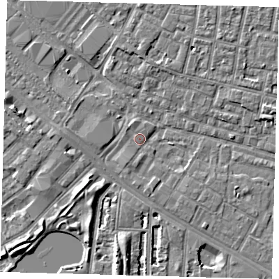 Shaded relief map of the ground around SE15JJ, computed from Environment Agency LiDAR. The ground here sits at about 2 m above sea level and falls 7 m across the surrounding 800 m. Surface water reaching this point runs off ground lying to the south-south-east, 2.1 m higher.