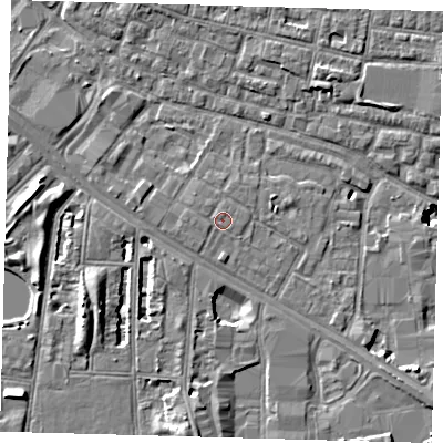 Shaded relief map of the ground around SE15JL, computed from Environment Agency LiDAR. The ground here sits at about 3 m above sea level and falls 9 m across the surrounding 800 m. Surface water reaching this point runs off ground lying to the west, 0.5 m higher.