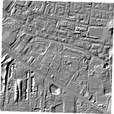 Shaded relief map of the ground around SE15JP, computed from Environment Agency LiDAR. The ground here sits at about 2 m above sea level and falls 9 m across the surrounding 800 m. Surface water reaching this point runs off ground lying to the west-south-west, 0.6 m higher.