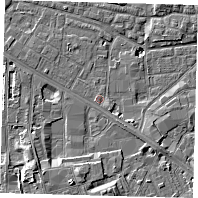 Shaded relief map of the ground around SE15JS, computed from Environment Agency LiDAR. The ground here sits at about 3 m above sea level and falls 11 m across the surrounding 800 m. Surface water reaching this point runs off ground lying to the east-south-east, 1.1 m higher.