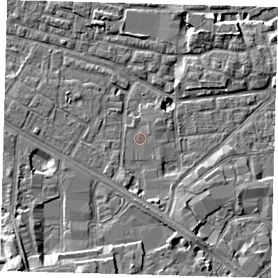 Shaded relief map of the ground around SE15JT, computed from Environment Agency LiDAR. The ground here sits at about 2 m above sea level and falls 11 m across the surrounding 800 m. Surface water reaching this point runs off ground lying to the south-south-east, 4.1 m higher.