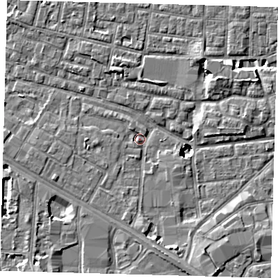 Shaded relief map of the ground around SE15JU, computed from Environment Agency LiDAR. The ground here sits at about 1 m above sea level and falls 8 m across the surrounding 800 m. Surface water reaching this point runs off ground lying to the south-south-east, 4.6 m higher.