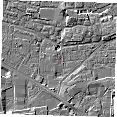 Shaded relief map of the ground around SE15JX, computed from Environment Agency LiDAR. The ground here sits at about 2 m above sea level and falls 9 m across the surrounding 800 m. Surface water reaching this point runs off ground lying to the south, 3.7 m higher.