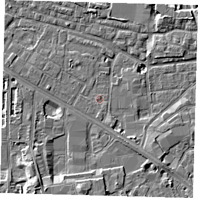 Shaded relief map of the ground around SE15JY, computed from Environment Agency LiDAR. The ground here sits at about 2 m above sea level and falls 11 m across the surrounding 800 m. Surface water reaching this point runs off ground lying to the west, 0.8 m higher.