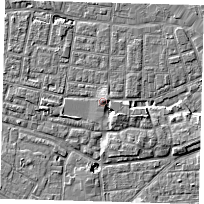 Shaded relief map of the ground around SE15LJ, computed from Environment Agency LiDAR. The ground here sits at about 3 m above sea level and falls 8 m across the surrounding 800 m. Surface water reaching this point runs off ground lying to the east-north-east, 3.5 m higher.
