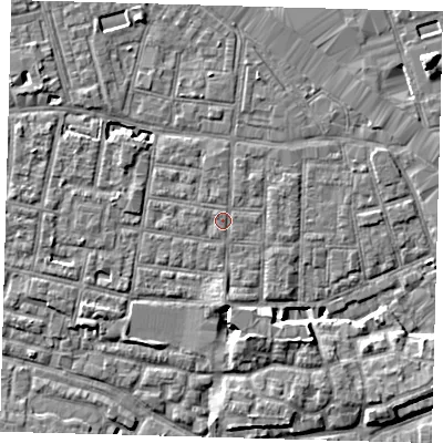 Shaded relief map of the ground around SE15LN, computed from Environment Agency LiDAR. The ground here sits at about 2 m above sea level and falls 7 m across the surrounding 800 m. Surface water reaching this point runs off ground lying to the west-north-west, 0.6 m higher.