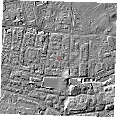 Shaded relief map of the ground around SE15LP, computed from Environment Agency LiDAR. The ground here sits at about 2 m above sea level and falls 8 m across the surrounding 800 m. Surface water reaching this point runs off ground lying to the south-west, 2.0 m higher.