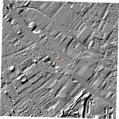 Shaded relief map of the ground around SE15LU, computed from Environment Agency LiDAR. The ground here sits at about 2 m above sea level and falls 8 m across the surrounding 800 m. Surface water reaching this point runs off ground lying to the south-south-west, 2.3 m higher.