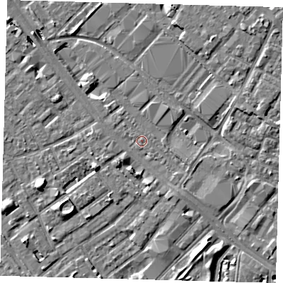 Shaded relief map of the ground around SE15LZ, computed from Environment Agency LiDAR. The ground here sits at about 2 m above sea level and falls 8 m across the surrounding 800 m. Surface water reaching this point runs off ground lying to the south, 2.3 m higher.