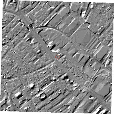 Shaded relief map of the ground around SE15NA, computed from Environment Agency LiDAR. The ground here sits at about 2 m above sea level and falls 8 m across the surrounding 800 m. Surface water reaching this point runs off ground lying to the south-south-east, 2.3 m higher.