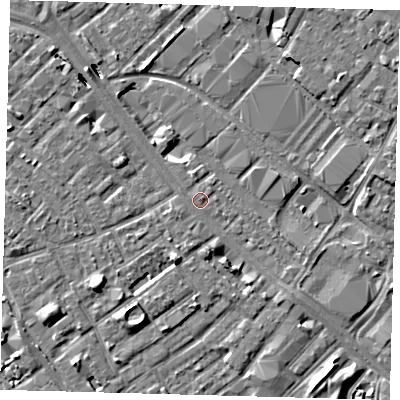 Shaded relief map of the ground around SE15NB, computed from Environment Agency LiDAR. The ground here sits at about 3 m above sea level and falls 8 m across the surrounding 800 m. Surface water reaching this point runs off ground lying to the south-south-east, 2.3 m higher.