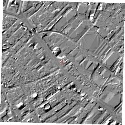 Shaded relief map of the ground around SE15NF, computed from Environment Agency LiDAR. The ground here sits at about 2 m above sea level and falls 8 m across the surrounding 800 m. Surface water reaching this point runs off ground lying to the south-south-east, 2.3 m higher.