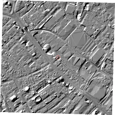 Shaded relief map of the ground around SE15NG, computed from Environment Agency LiDAR. The ground here sits at about 3 m above sea level and falls 8 m across the surrounding 800 m. Surface water reaching this point runs off ground lying to the south-south-east, 2.3 m higher.