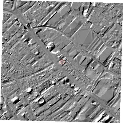 Shaded relief map of the ground around SE15NH, computed from Environment Agency LiDAR. The ground here sits at about 2 m above sea level and falls 8 m across the surrounding 800 m. Surface water reaching this point runs off ground lying to the south-south-east, 2.3 m higher.