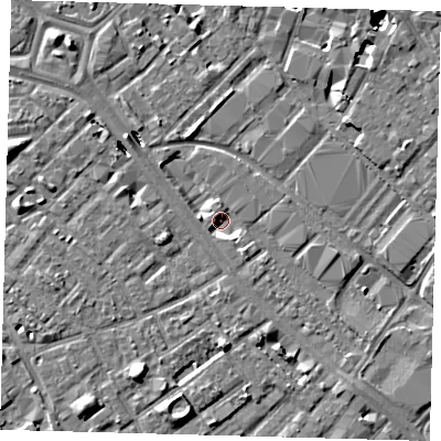 Shaded relief map of the ground around SE15NJ, computed from Environment Agency LiDAR. The ground here sits at about 1 m above sea level and falls 8 m across the surrounding 800 m. Surface water reaching this point runs off ground lying to the north-west, 4.9 m higher.