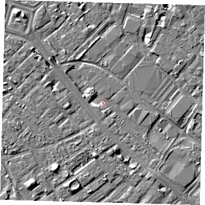 Shaded relief map of the ground around SE15NL, computed from Environment Agency LiDAR. The ground here sits at about 2 m above sea level and falls 8 m across the surrounding 800 m. Surface water reaching this point runs off ground lying to the north-west, 4.9 m higher.