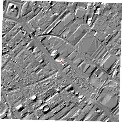 Shaded relief map of the ground around SE15NP, computed from Environment Agency LiDAR. The ground here sits at about 2 m above sea level and falls 8 m across the surrounding 800 m. Surface water reaching this point runs off ground lying to the north-west, 4.9 m higher.
