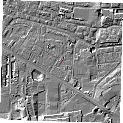 Shaded relief map of the ground around SE15NR, computed from Environment Agency LiDAR. The ground here sits at about 2 m above sea level and falls 11 m across the surrounding 800 m. Surface water reaching this point runs off ground lying to the south-south-west, 7.0 m higher.