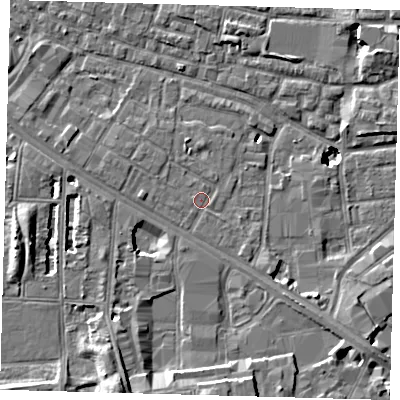 Shaded relief map of the ground around SE15PD, computed from Environment Agency LiDAR. The ground here sits at about 2 m above sea level and falls 11 m across the surrounding 800 m. Surface water reaching this point runs off ground lying to the south-south-west, 6.4 m higher.